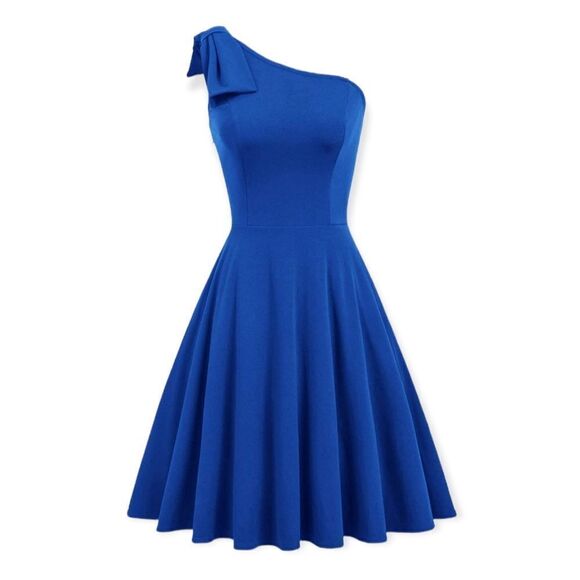 JASAMBAC Women's Bow One Shoulder Dress with Pockets A-line Cocktail Party Dress - Picture 2 of 7